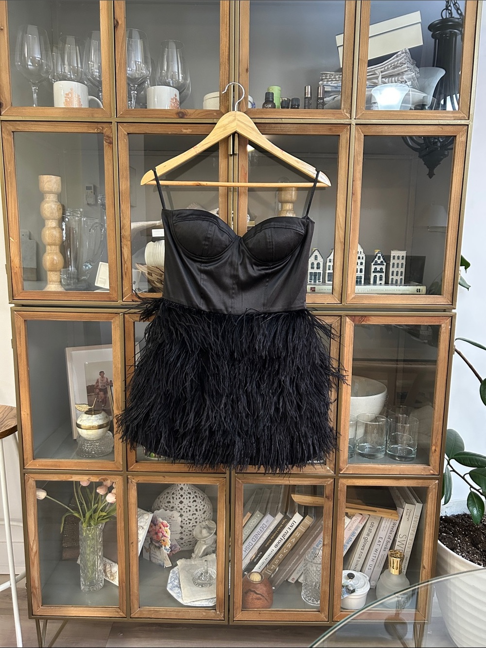 MIA Authentic Black Ostrich Feather-Trim Mini Dress